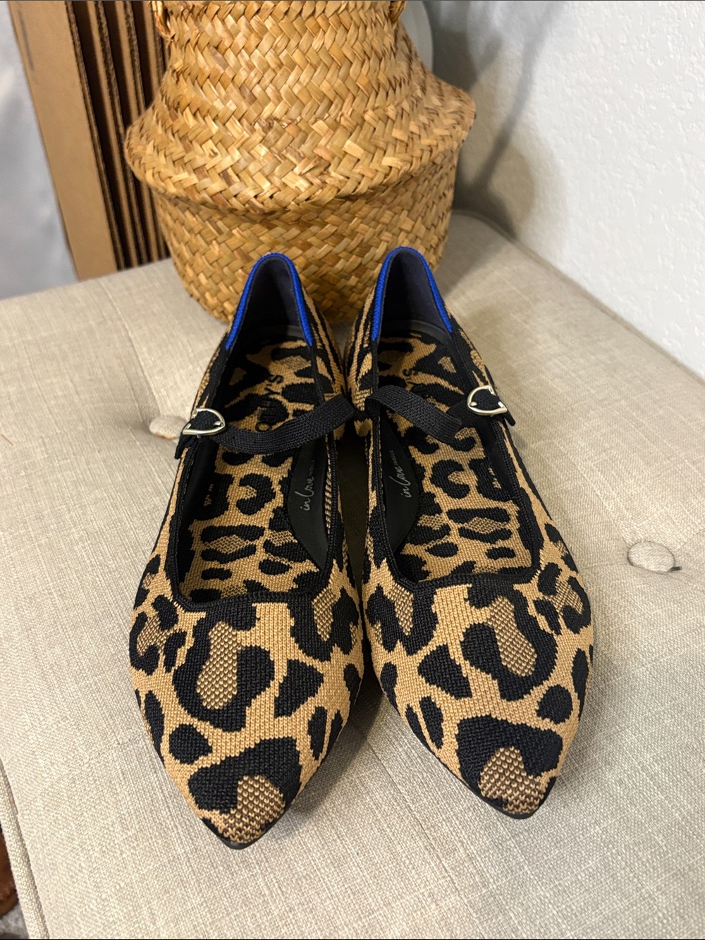 Rothy's Leopard the pointe ii Mary Jane Flats in Tan, Black & Blue Trim 9.5